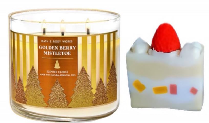 Bath & Body Works- 3-Wick Scented Candle 14.5 OZ Burns 25-45 Hours and Strawberry Cake soap (Golden Berry Mistletoe)