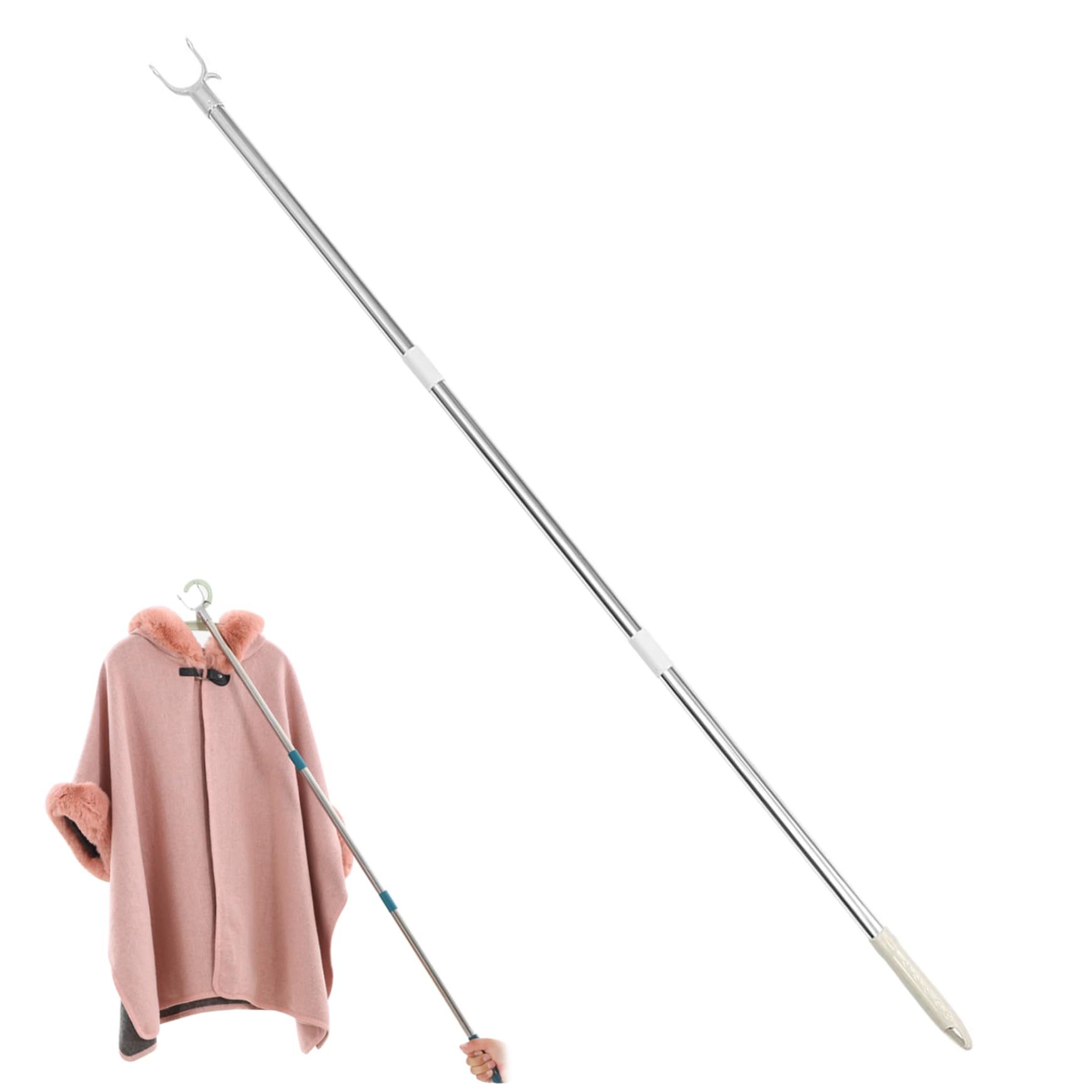 Clothesline Pole 51 Inch Telescoping Pole with Hook Stainless Steel Long Reach Closet Pole with Hook ＆ Non-slip Handle for Ceiling, Shelf Clothes Line Pole Clothing Hanger Telescopic Rod