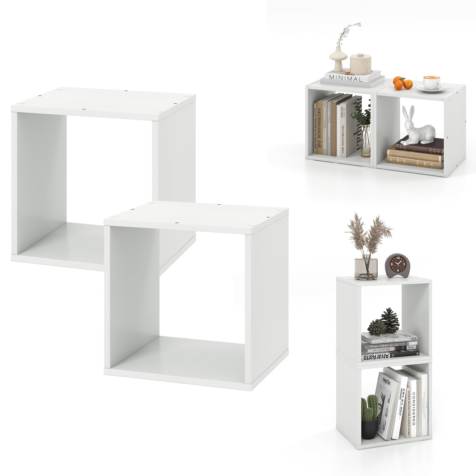 Giantex 2 Cube Bookshelf Organizer, 2-Tier Stackable Cube Storage Organizer, Small Wooden Open Book Shelf with Anti-toppling Device, Wood Floor Standing Display Shelving Bookcase, White