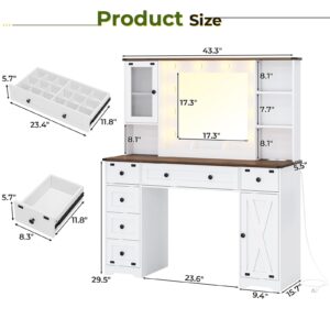 DICTAC Makeup Vanity Desk with Mirror and Lights, Farmhouse Vanity Table with Charging Station, 43'' Bedroom Dressing Table with 6 Drawers & 2 Cabinets, 3 Color Lighting Modes, White