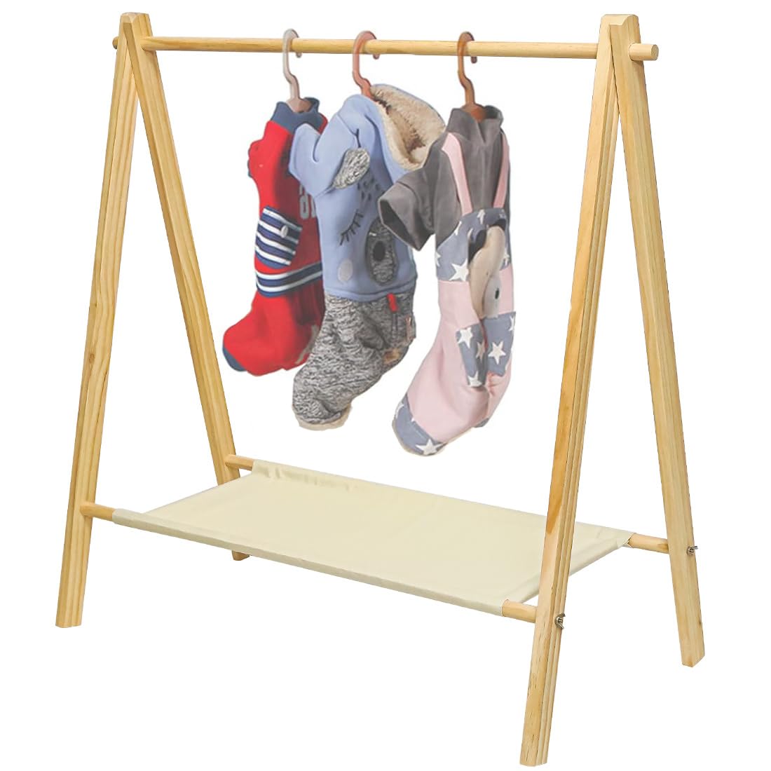 Morimoe Garment Rack with Bottom Storage Shelf, Pine Wood, Dress up Rack for Kids, 35" Width