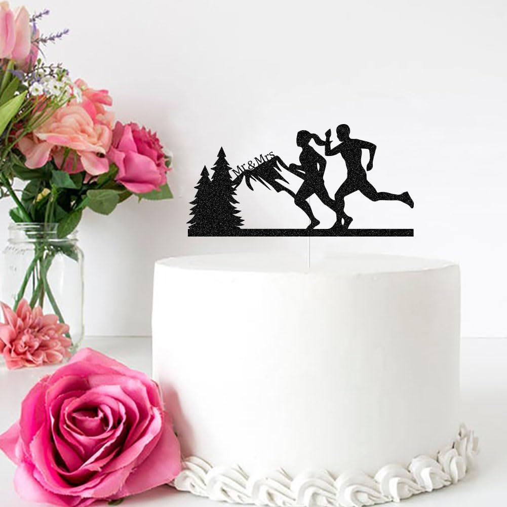 MFULHUBA Mr and Mrs Running Wedding Cake Topper, Bride & Groom Runners Sport Themed Wedding Party Supply Decoration, Marathon runners Athlete Wedding Pick Black Glitter