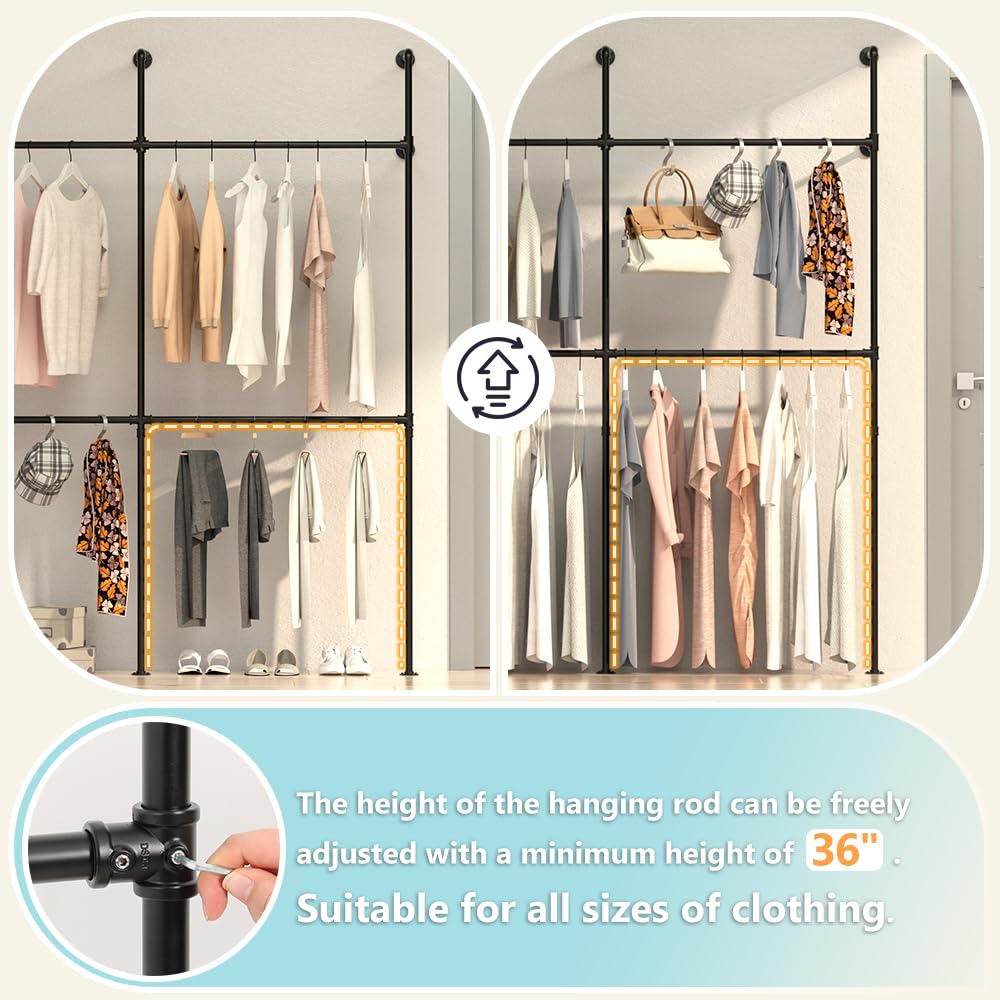 KELIXU Industrial Pipe Clothing Rack Height Adjustable Garment Rack for Hanging Clothes, Heavy Duty Iron Clothes Rack with Double Rods, Wall Mounted Walk in Closet Systems (Three, Black)