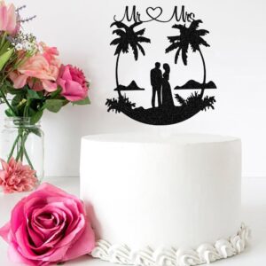 Mr & Mrs Cake Topper Tropical Wedding Cake Decorations Palm Tree Hawaii Beach Wedding Party Supplies Bride & Groom Travel Cake Toppers Black Glitter