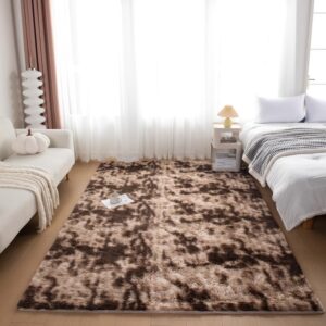 chunsemeiju Fluffy Soft Tie-Dye Bedroom Rug, 5x7 Feet Tie-Dyed Large Shag Rugs for Living Room, Modern Shaggy Fuzzy High Pile Area Rug Home Decor (Tiedye Brown, 5'x7')