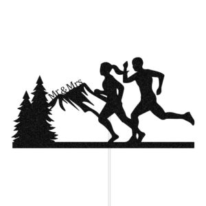 MFULHUBA Mr and Mrs Running Wedding Cake Topper, Bride & Groom Runners Sport Themed Wedding Party Supply Decoration, Marathon runners Athlete Wedding Pick Black Glitter