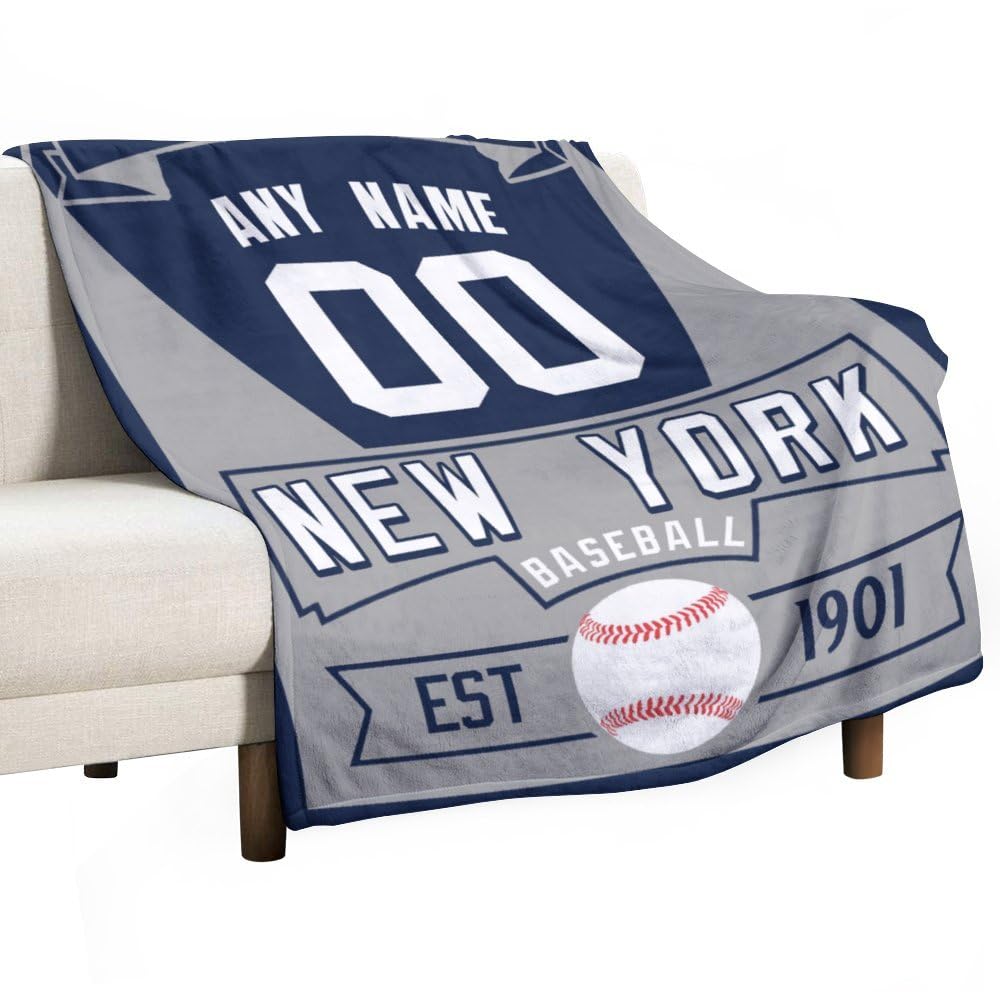 Custom Baseball City Throw Blanket New York Personalized Name Number for Men Women Youth Kids Oversized Soft Flannel Blanket Decorative for Bedroom Living Room