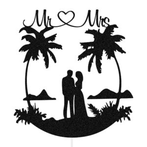 Mr & Mrs Cake Topper Tropical Wedding Cake Decorations Palm Tree Hawaii Beach Wedding Party Supplies Bride & Groom Travel Cake Toppers Black Glitter