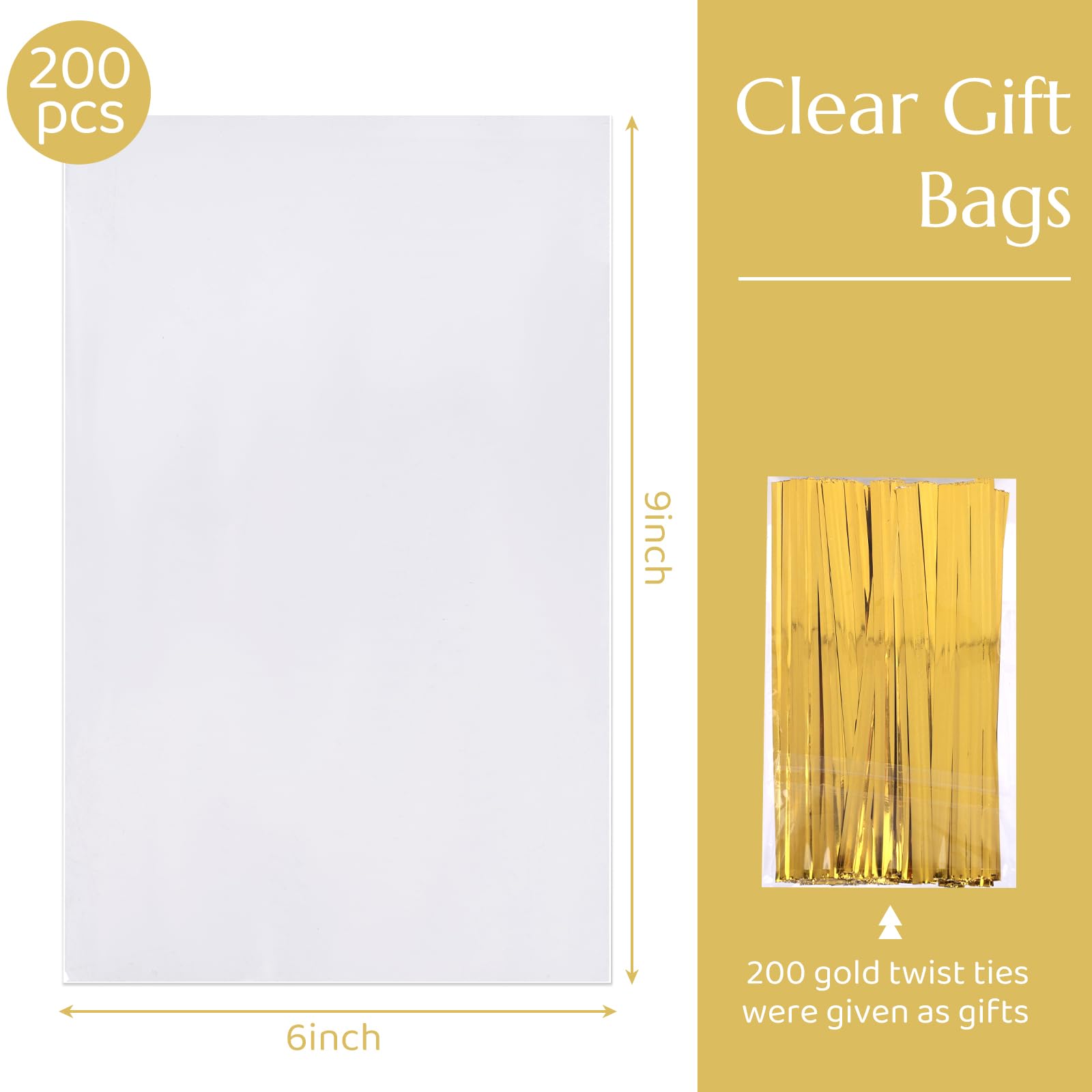 JOHOUSE 200PCS Cellophane Bags Bulk, 6x9inch Clear Gift Bags Christmas Treat Bags with Ties Cookie Bags for Toast Candy Bakery Party Wrapping