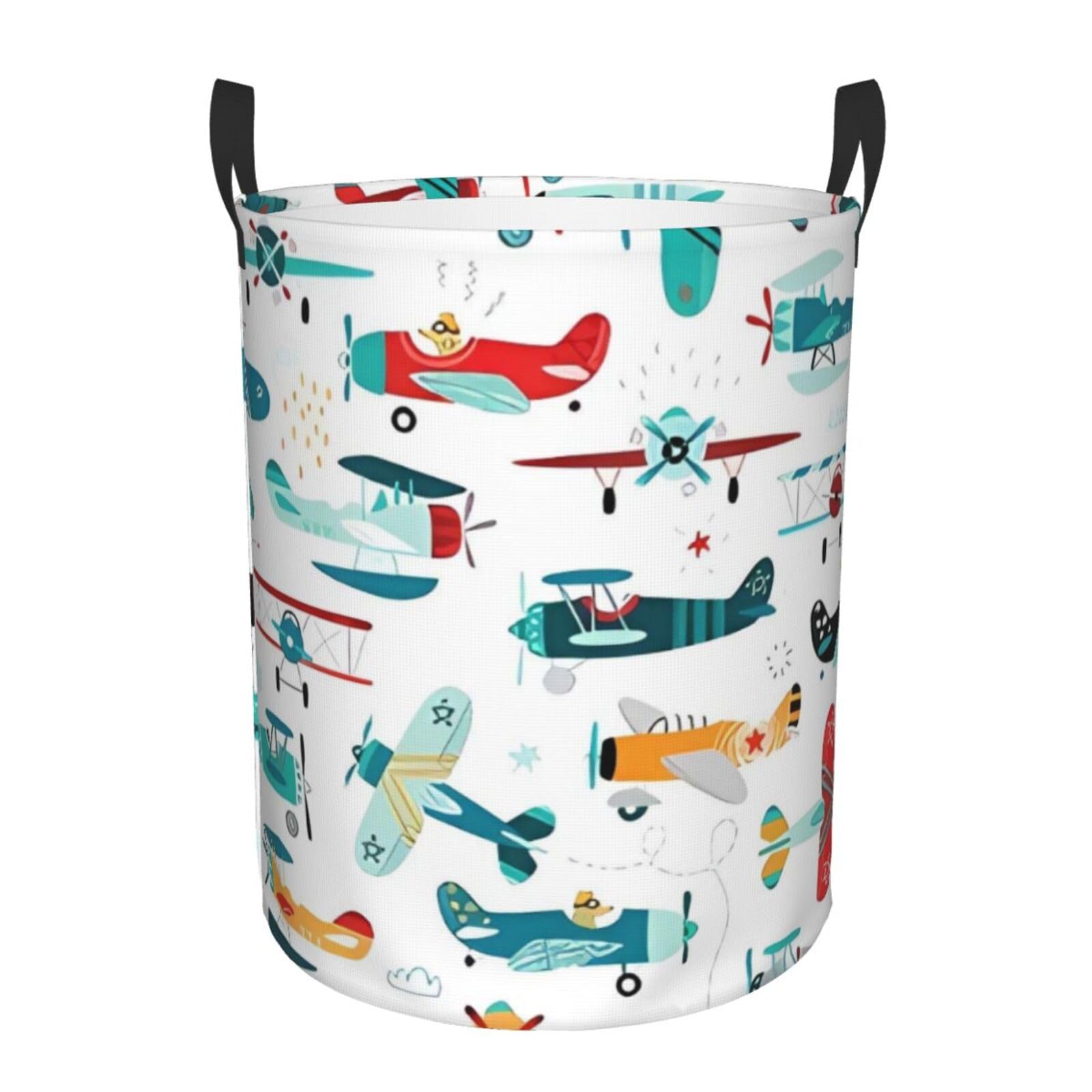 Cartoon Airplanes Laundry Basket Waterproof Collapsible Laundry Hamper with Durable Handle Round Storage Basket Dirty Clothes Organizer for Bedroom Bathroom College Dorm