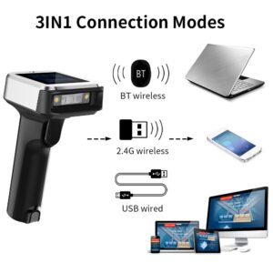 2D 1D QR Barcode Scanner with Screen Display with Charging Base 3 in 1 BT & 2.4GHz Wireless & Wired Connection 1.8 inch TFT Color LCD Screen Compatible with Windows Android Linux for Supermarket