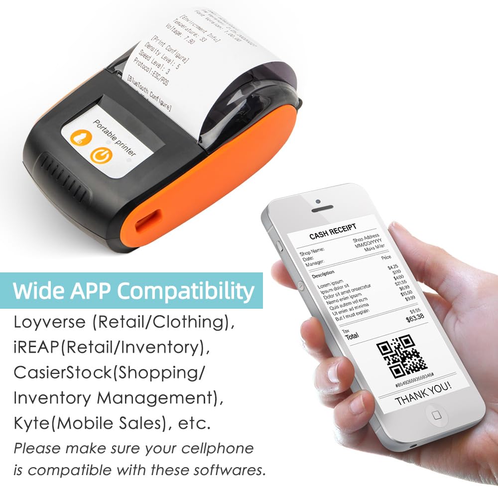 Portable Receipt Printer 58mm Mini Thermal Printing Wireless BT USB Mobile Printer with 2 Inch Thermal Paper Roll Compatible with Android/iOS/Windows System for Small Business Restaurant Retail Store