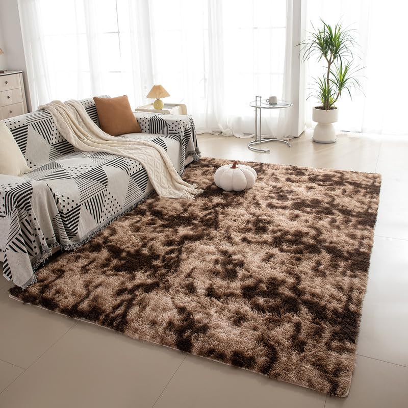 chunsemeiju Fluffy Soft Tie-Dye Bedroom Rug, 5x7 Feet Tie-Dyed Large Shag Rugs for Living Room, Modern Shaggy Fuzzy High Pile Area Rug Home Decor (Tiedye Brown, 5'x7')