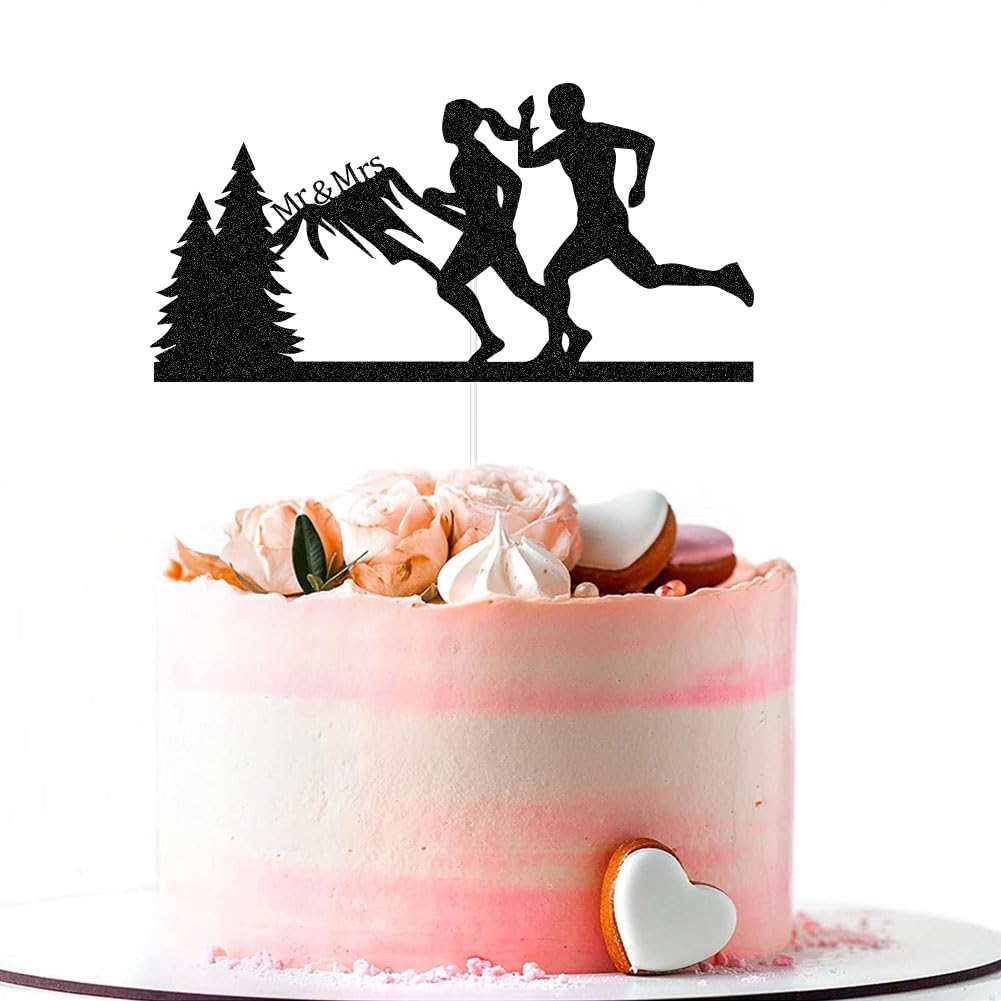 MFULHUBA Mr and Mrs Running Wedding Cake Topper, Bride & Groom Runners Sport Themed Wedding Party Supply Decoration, Marathon runners Athlete Wedding Pick Black Glitter