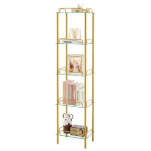 favoosty 5-tier bookcase, tempered glass bookshelves, narrow bookshelf for small spaces, storage rack display shelf slim shelving unit for living room, bedroom, bathroom, entryway, office, golden