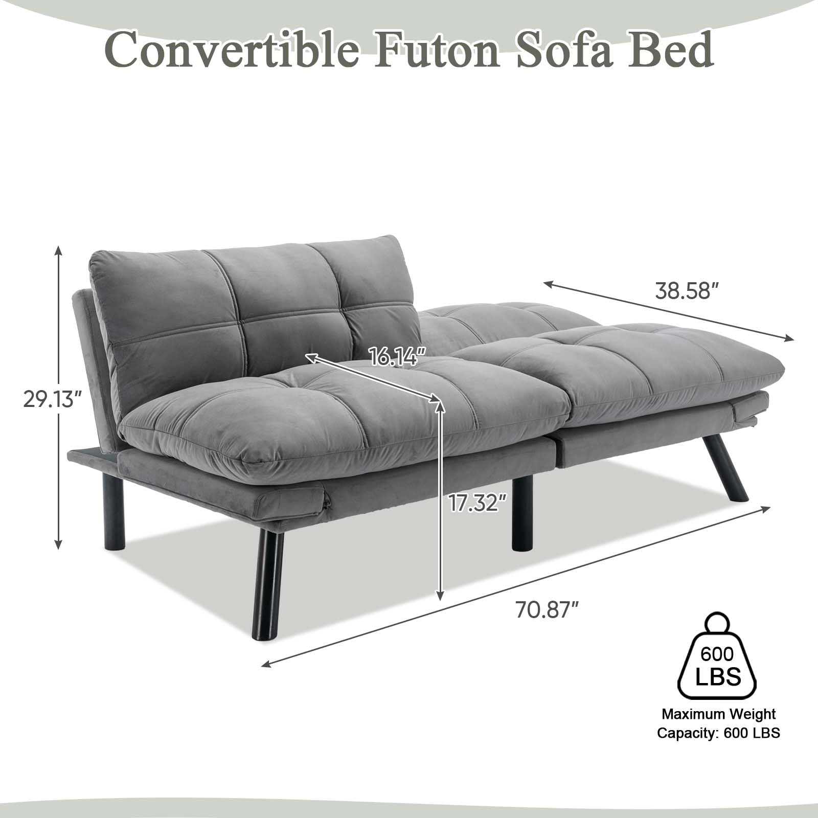 Convertible Velvet Futon Sofa Bed, Comfy 72" L Sleeper Couch with Thicker Cushion, Upholstered Modern Reclining Loveseat Folding Sofa for Small Living Room, Dorm, Apartment, Office, Light Gray