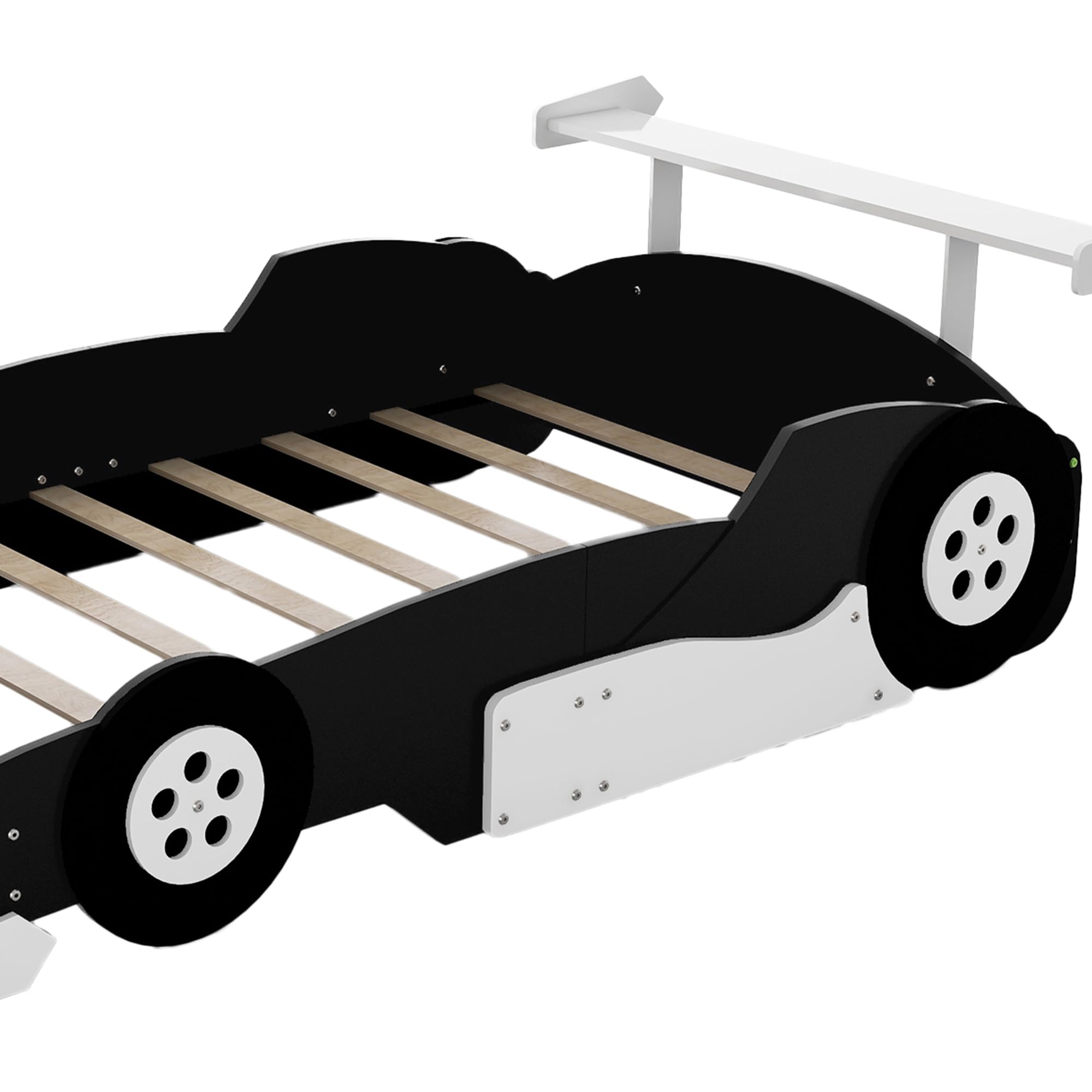 Merax Full Size Race Car Bed Frame for Boys, Wood Car-Shaped Platform Bed with Wheels, Black