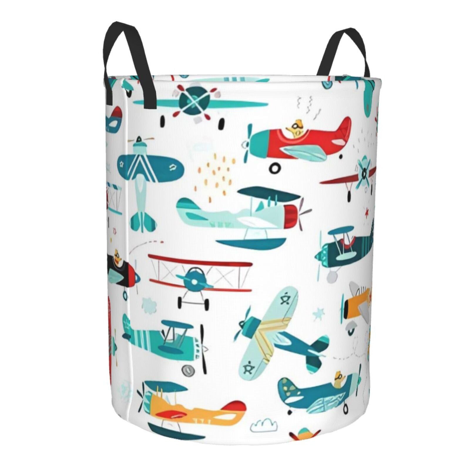 Cartoon Airplanes Laundry Basket Waterproof Collapsible Laundry Hamper with Durable Handle Round Storage Basket Dirty Clothes Organizer for Bedroom Bathroom College Dorm