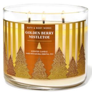 Bath & Body Works- 3-Wick Scented Candle 14.5 OZ Burns 25-45 Hours and Strawberry Cake soap (Golden Berry Mistletoe)