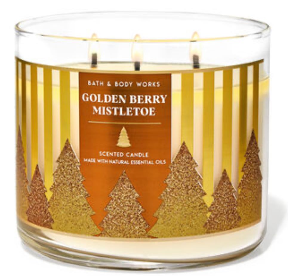 Bath & Body Works- 3-Wick Scented Candle 14.5 OZ Burns 25-45 Hours and Strawberry Cake soap (Golden Berry Mistletoe)