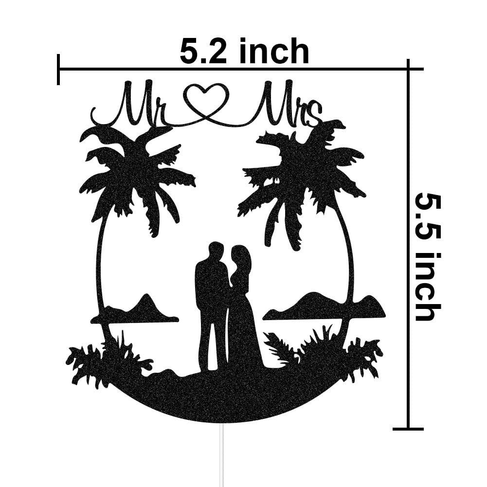 Mr & Mrs Cake Topper Tropical Wedding Cake Decorations Palm Tree Hawaii Beach Wedding Party Supplies Bride & Groom Travel Cake Toppers Black Glitter