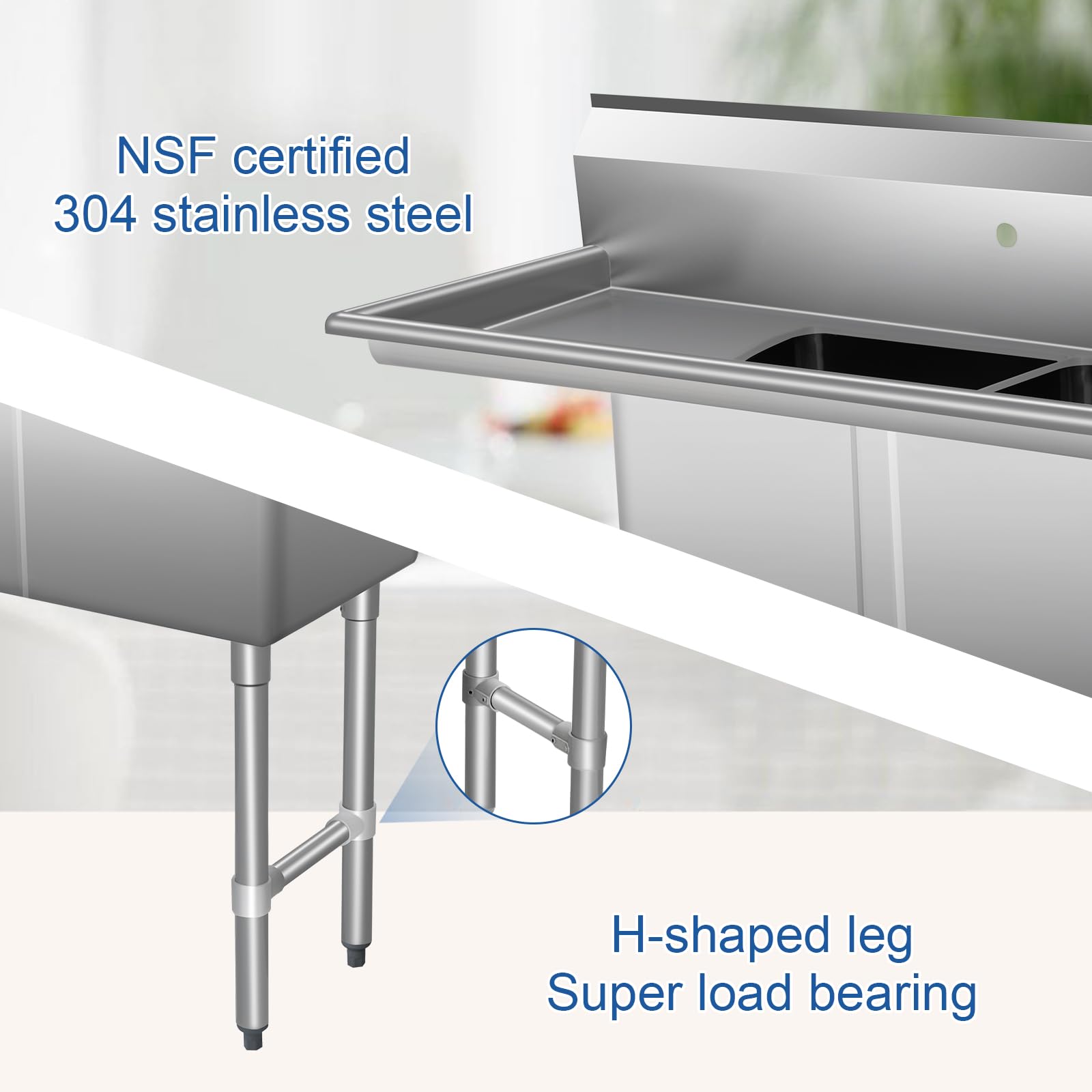 HARDURA Stainless Steel 2 Compartment Sink Left Drainboard & Freestanding NSF Certified Commercial Utility Basin With Two 15" L X 15" W X 12" D Bowl For Kitchen & Restaurant Laundry Room, Garage