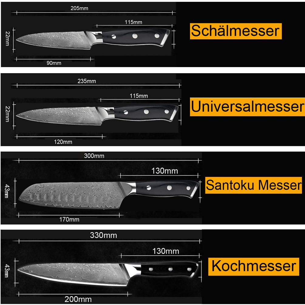 COOSNUG Damascus 4Pcs Kitchen Knife Set, Japanese VG-10 Stainless Steel 67 Layers Damascus Knife, Japanese 8" Chef knife, 7" Santoku knife, 5" Utility knife and 3.5" Paring knife Sharp Cooking Knife