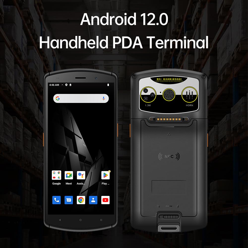 Android 12.0 Barcode Scanner Handheld PDA Terminal Support 1D/2D/QR Code 2/3/4G/ WiFi/BT/2.4G Dual Band Communication NFC and Fingerprint Function with 5.7 Inch Touchscreen for Supermarket