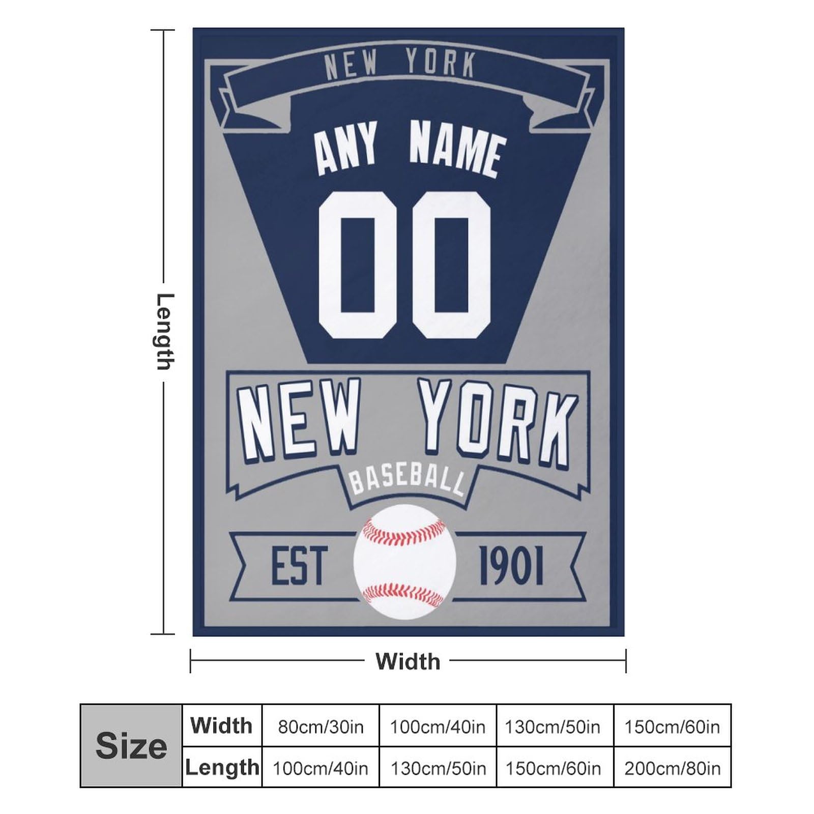 Custom Baseball City Throw Blanket New York Personalized Name Number for Men Women Youth Kids Oversized Soft Flannel Blanket Decorative for Bedroom Living Room