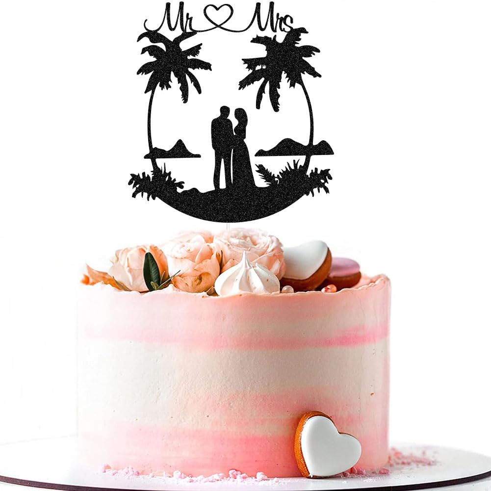 Mr & Mrs Cake Topper Tropical Wedding Cake Decorations Palm Tree Hawaii Beach Wedding Party Supplies Bride & Groom Travel Cake Toppers Black Glitter