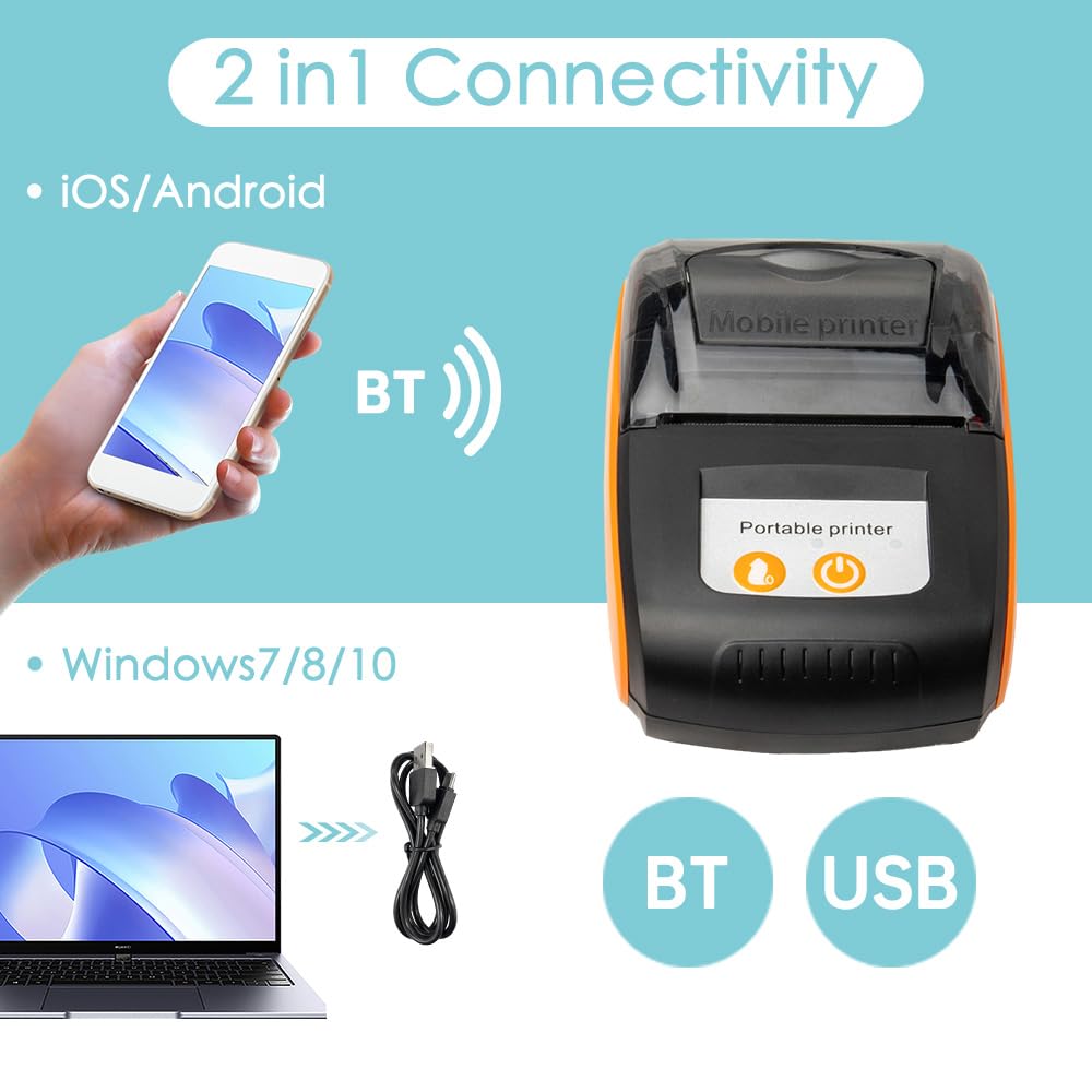 Portable Receipt Printer 58mm Mini Thermal Printing Wireless BT USB Mobile Printer with 2 Inch Thermal Paper Roll Compatible with Android/iOS/Windows System for Small Business Restaurant Retail Store