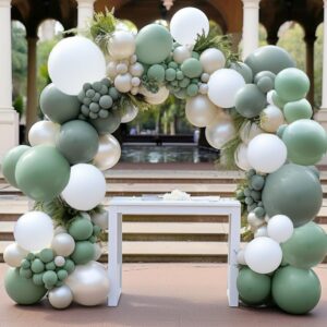 Sage Green White Balloon Garland Double Stuffed Dusty Green Balloons Pearl White Sand Olive Green Balloon Arch Kit Avocado Green Balloon For Neutral Baby Shower Bridal Shower Birthday Party Decoration