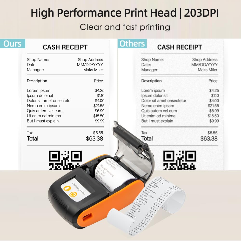 Portable Receipt Printer 58mm Mini Thermal Printing Wireless BT USB Mobile Printer with 2 Inch Thermal Paper Roll Compatible with Android/iOS/Windows System for Small Business Restaurant Retail Store