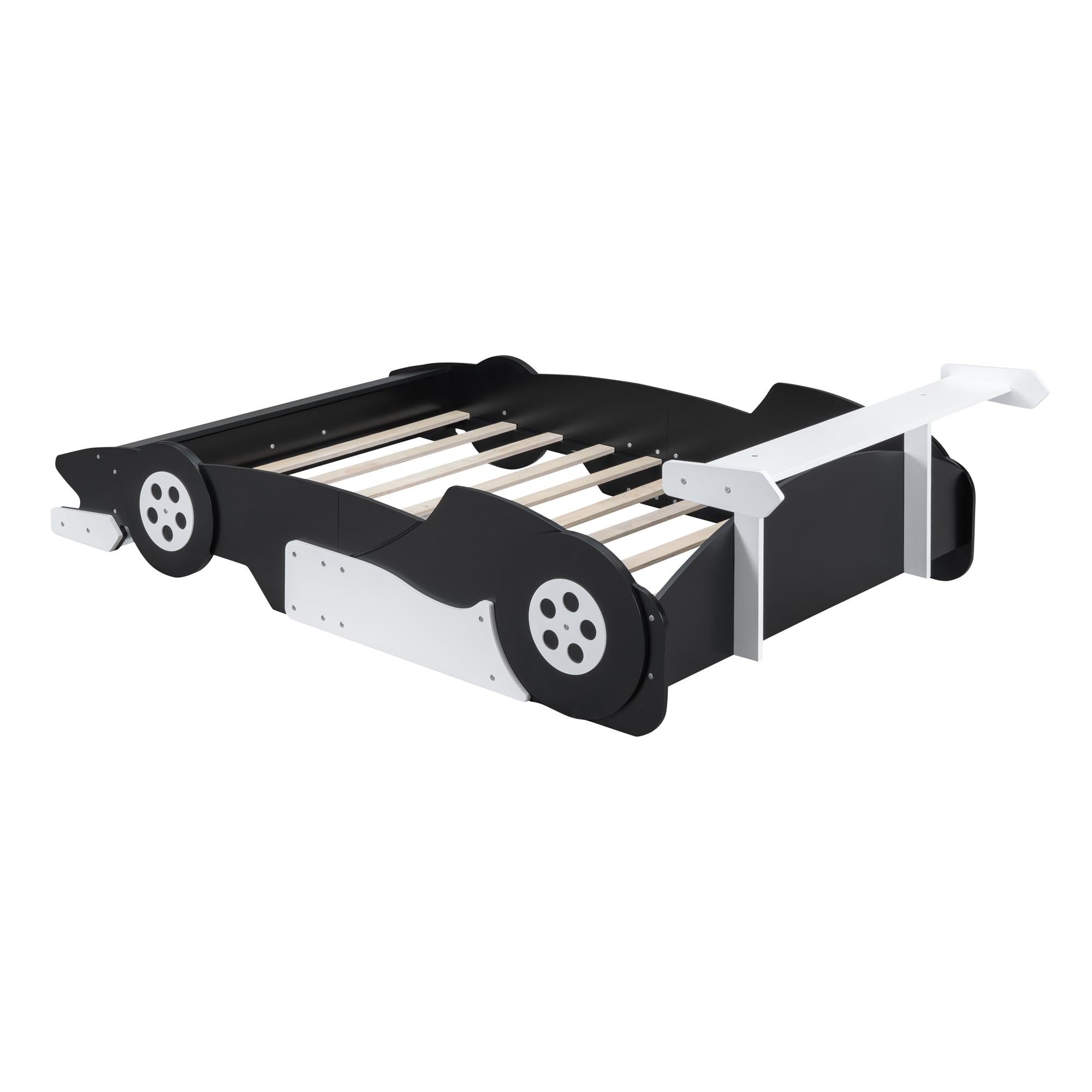 Merax Full Size Race Car Bed Frame for Boys, Wood Car-Shaped Platform Bed with Wheels, Black