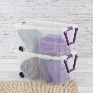 40 Gallon, 160 Qt. Wheeled Storage Box Plastic, Sweet Plum, Set of 2 (Clear Base/Purple Latches)