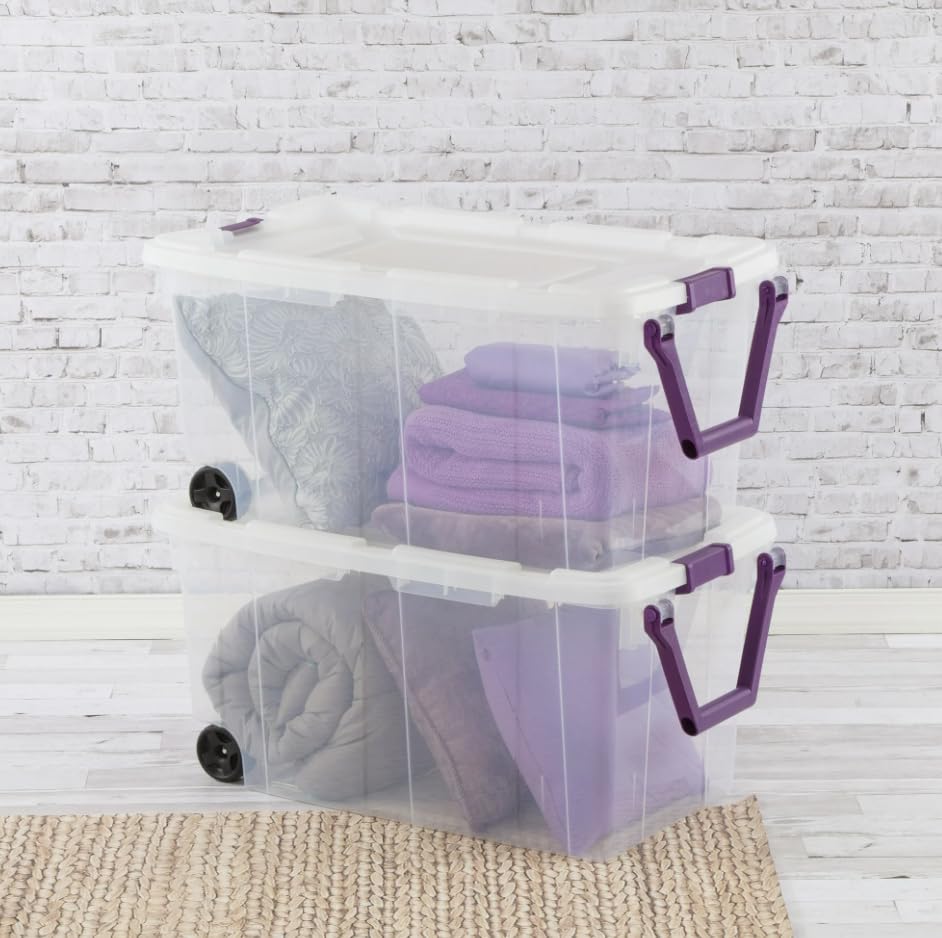 40 Gallon, 160 Qt. Wheeled Storage Box Plastic, Sweet Plum, Set of 2 (Clear Base/Purple Latches)