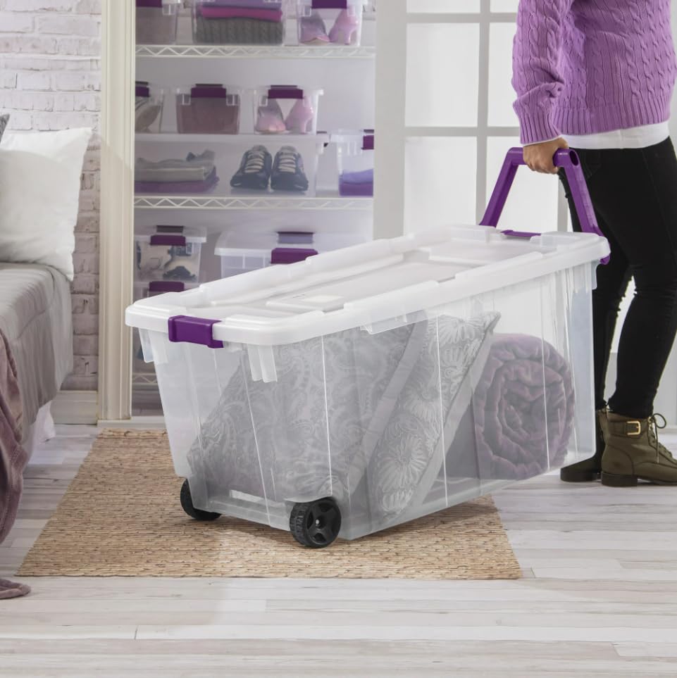 40 Gallon, 160 Qt. Wheeled Storage Box Plastic, Sweet Plum, Set of 2 (Clear Base/Purple Latches)