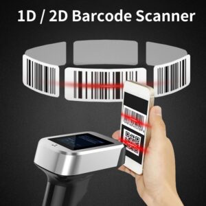 2D 1D QR Barcode Scanner with Screen Display with Charging Base 3 in 1 BT & 2.4GHz Wireless & Wired Connection 1.8 inch TFT Color LCD Screen Compatible with Windows Android Linux for Supermarket