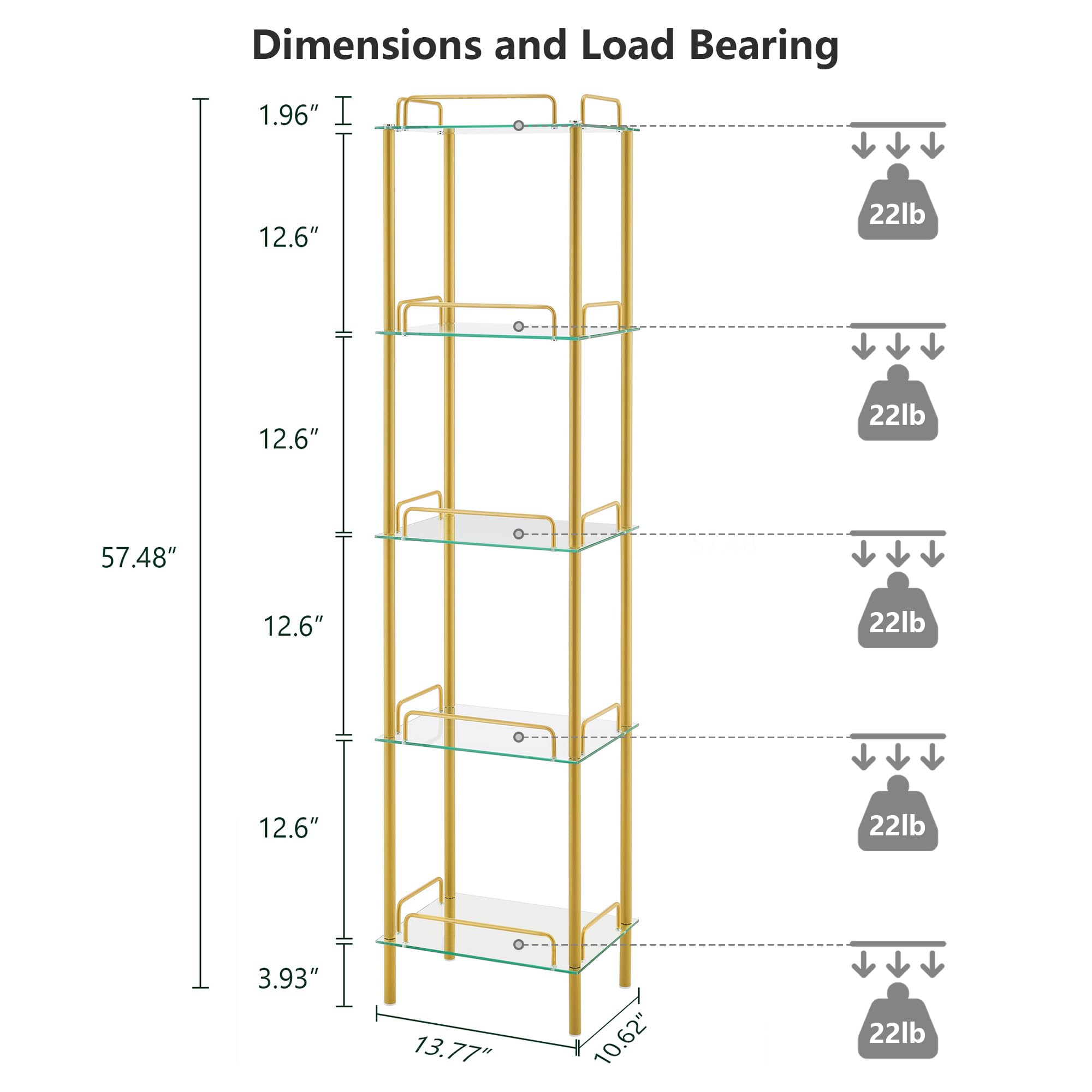 FAVOOSTY 5-Tier Bookcase, Tempered Glass Bookshelves, Narrow Bookshelf for Small Spaces, Storage Rack Display Shelf Slim Shelving Unit for Living Room, Bedroom, Bathroom, Entryway, Office, Golden