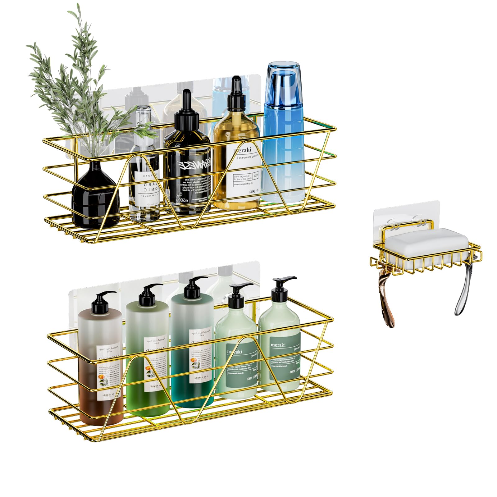 Carwiner Gold Shower Caddy Bathroom Shelves 3-Pack Basket with Soap Dish Holder, Stainless Steel Bathroom Organizer Shelf Rack Adhesive Shampoo Holder Wall Mounted for Kitchen