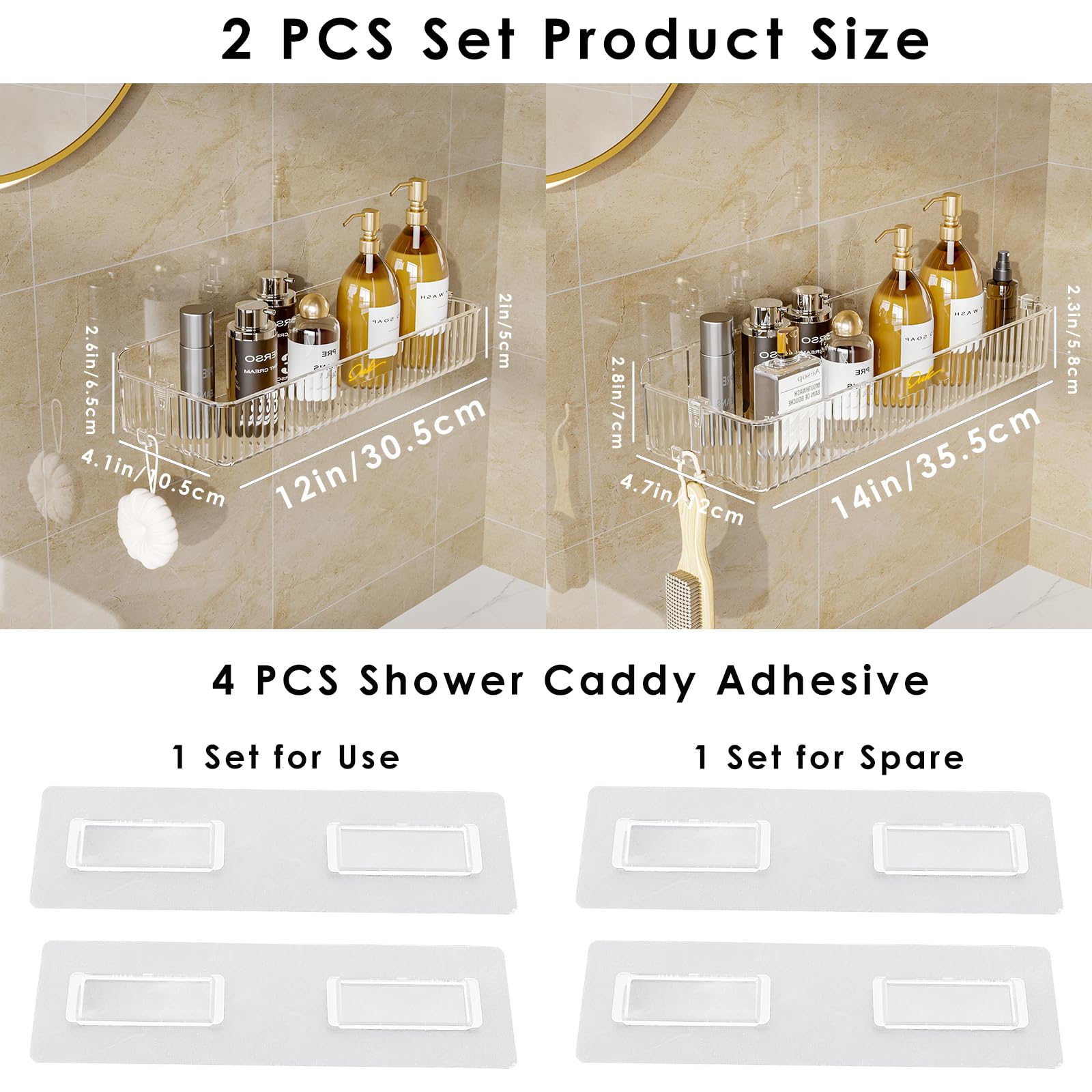 Veefos 2 Pack Hanging Shower Caddy Wall Mounted, Clear Storage Bathroom Shelf Shower Organizer, Self-Adhesive Floating Shelves Wall Makeup Organizer Basket, No Drilling