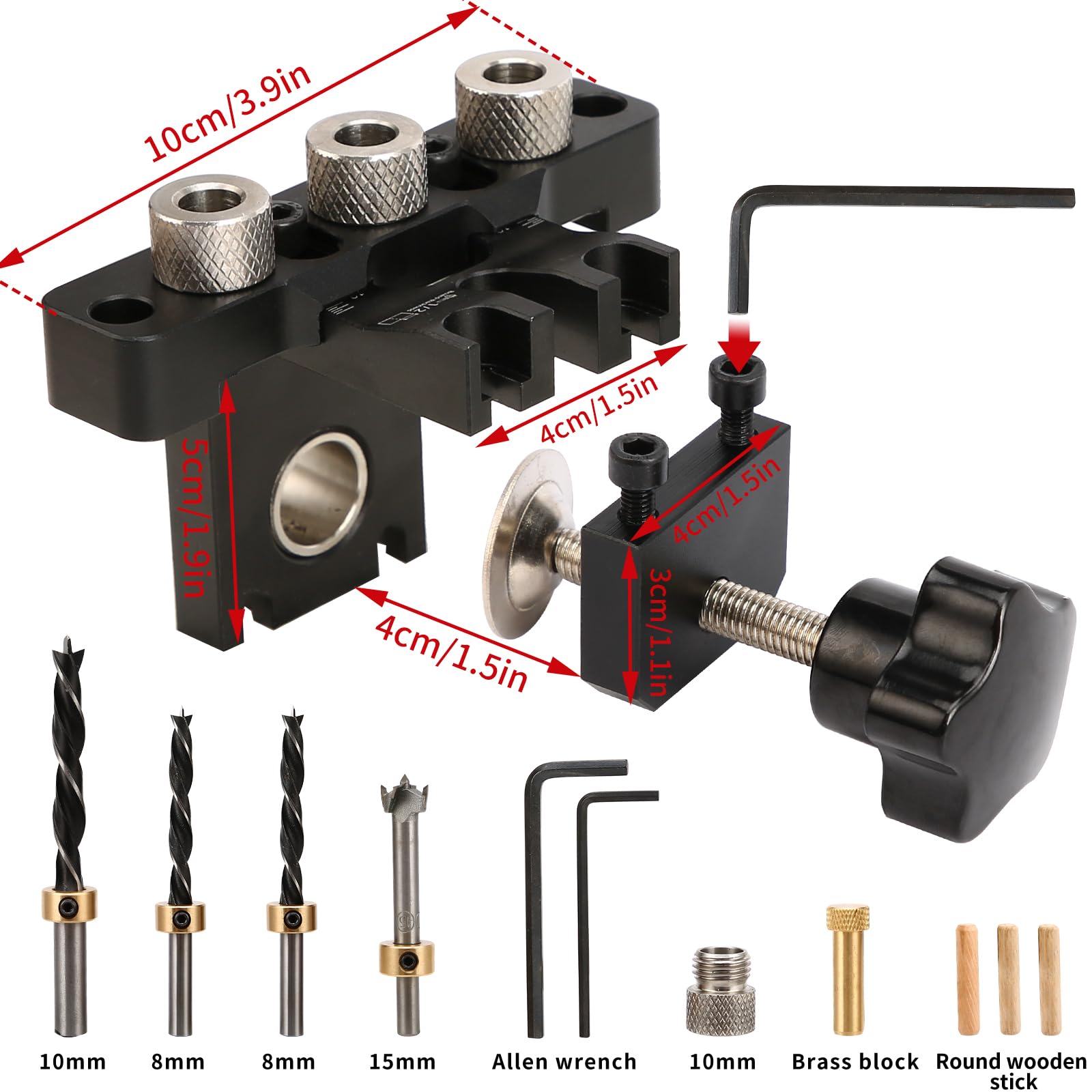 3-in-1 Pocket Hole Jig Kit for straight holes, 8/10/15 mm Pocket Hole Wooden Dowel Drilling Template Set with Positioning Clip Adjustable Drill Guide Puncher Locator (Self Centering Doweling Jig Kit)