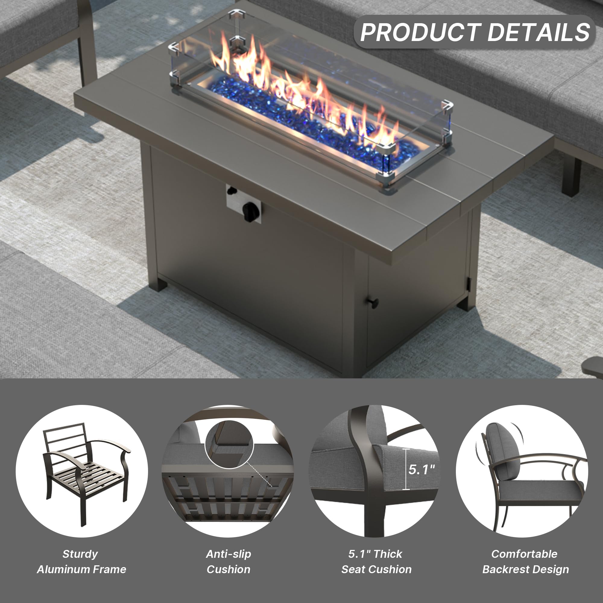 Gotland 6 Seats Outdoor Metal Patio Furniture Set with 55,000 BTU Gas Fire Pit Table w/Glass Wind Guard Patio Conversation Sectional Sofa Sets-Grey