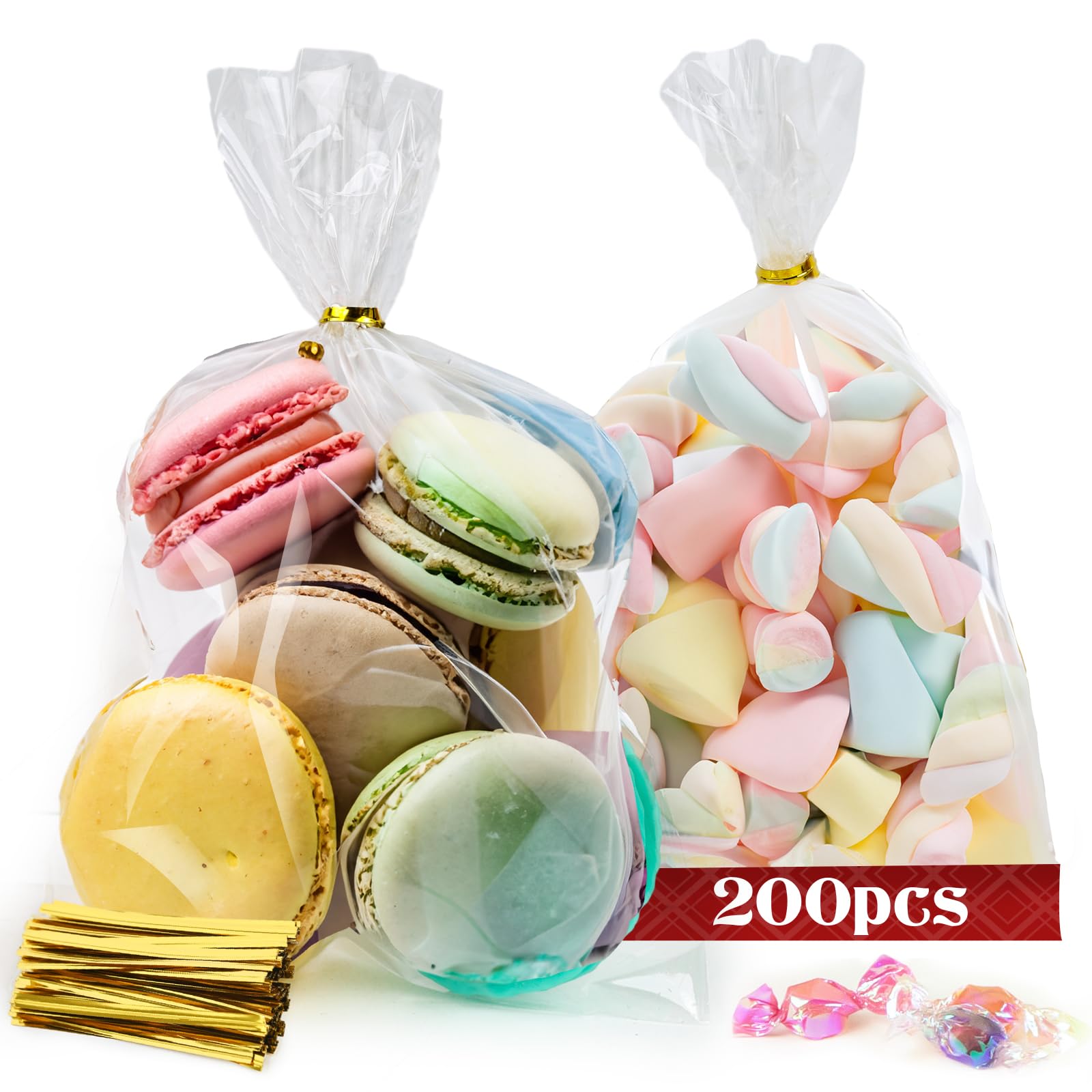 JOHOUSE 200PCS Cellophane Bags Bulk, 6x9inch Clear Gift Bags Christmas Treat Bags with Ties Cookie Bags for Toast Candy Bakery Party Wrapping