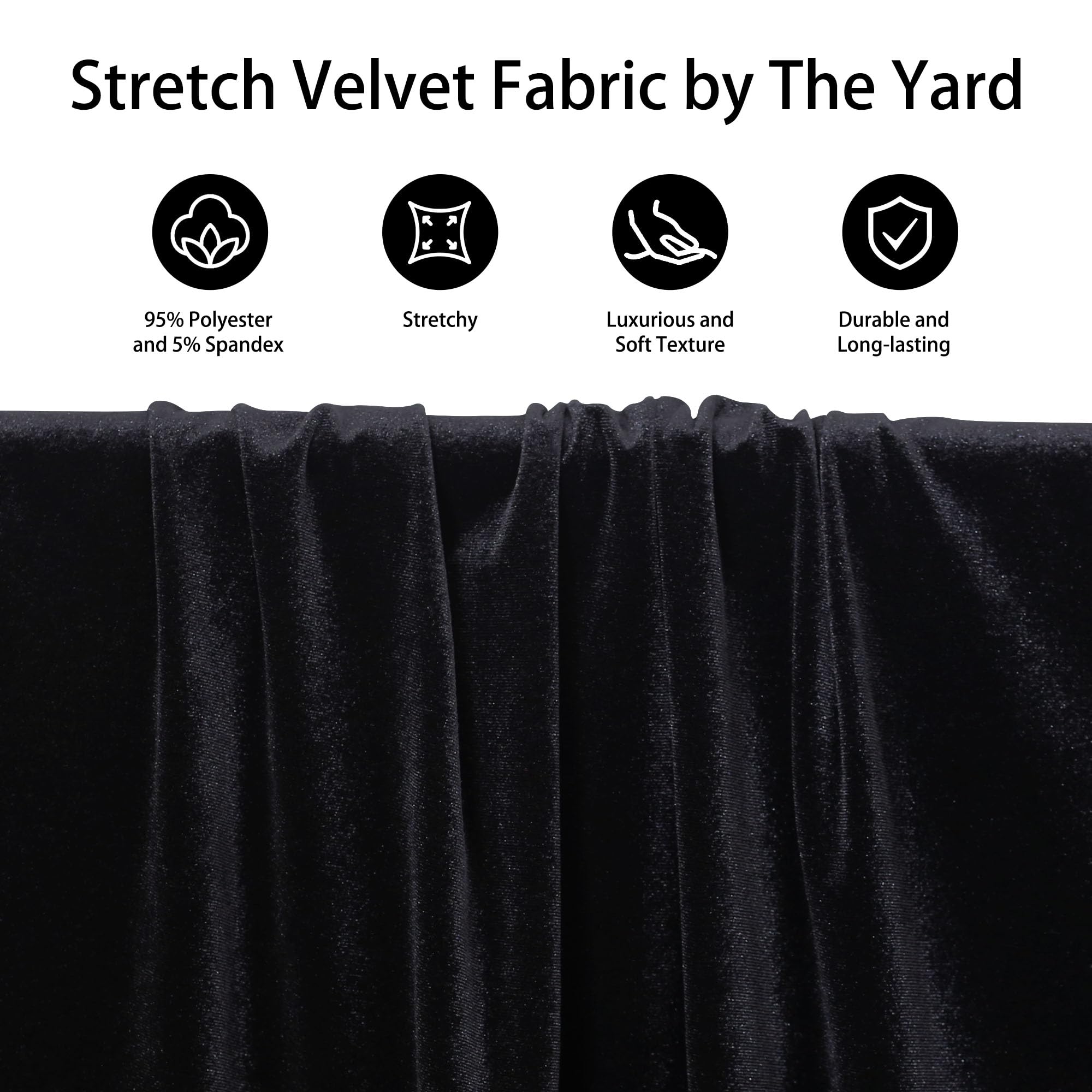 Stretch Velvet Fabric by The Yard Soft for Sewing Clothes, Apparel, Costume, Upholstery, Crafting Projects(Black,1 Yard)