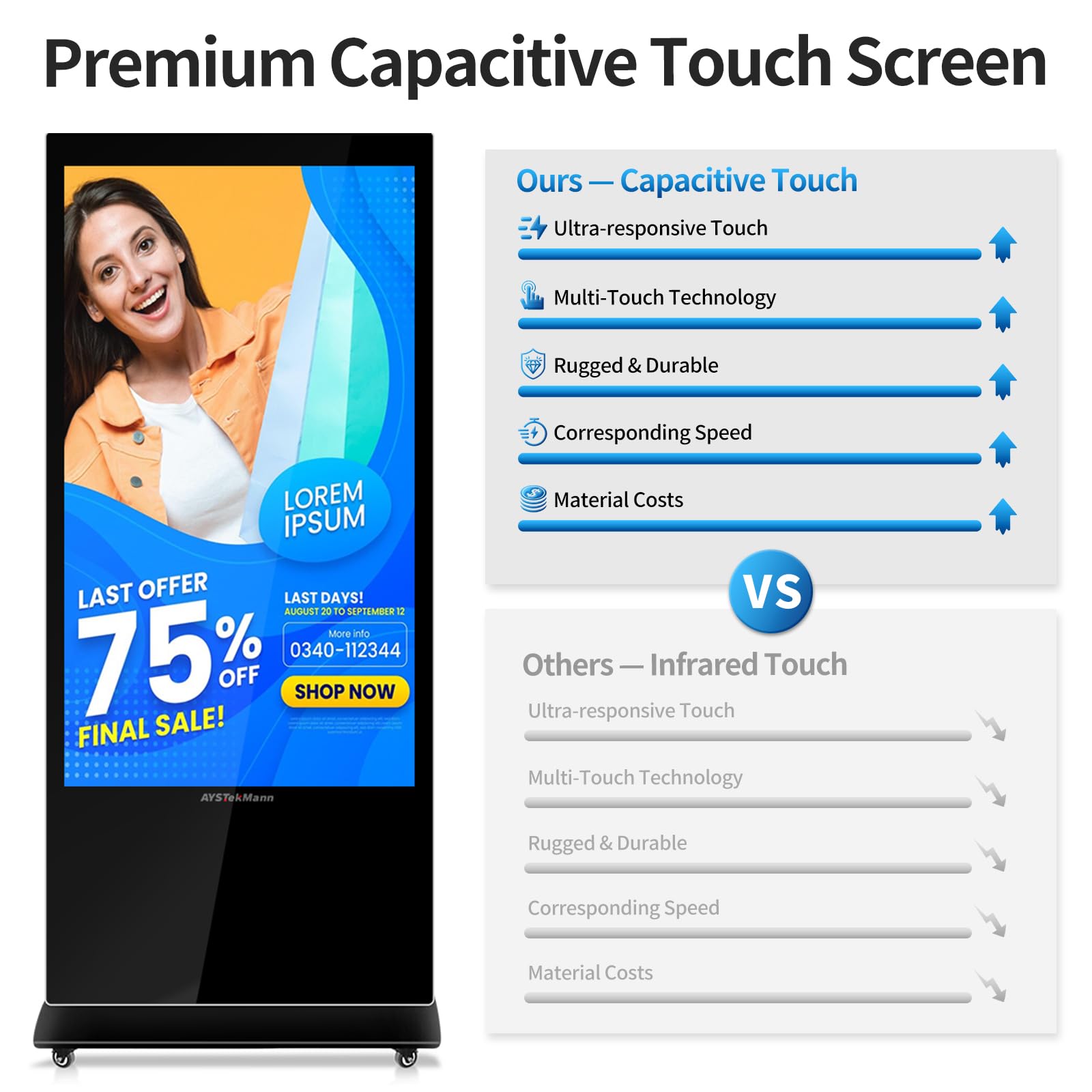 AYSTekMann 55" Digital Signage Displays, 4K LCD Capacitive Touch Screen Floor Standing Digital Signage, Indoor Digital Adverstising Kiosks with HDMI Input, Android 11(2+32GB)