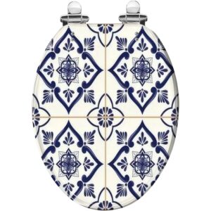 elongated toilet seat spanish tile pattern seamless blue white ornament portuguese mexican resin toilet seat quietly slow close with quick-release hinges toilet seat with cover easy to clean install