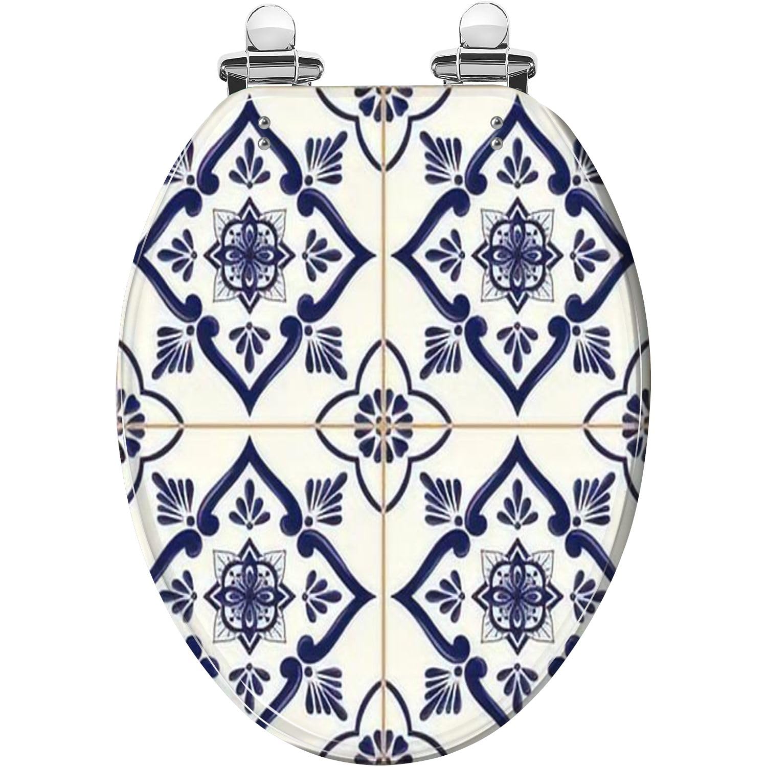 Elongated Toilet Seat Spanish tile pattern seamless blue white ornament Portuguese mexican Resin Toilet Seat Quietly Slow Close with Quick-Release Hinges Toilet Seat with Cover Easy to Clean Install