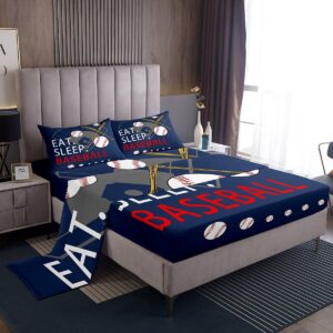 feelyou kids baseball gaming sheet set twin size navy blue bed sheets for boys girls teens bedroom decor softball bed set women men ball games sheets,1 fitted sheet+1 pillow sham+1 flat sheet