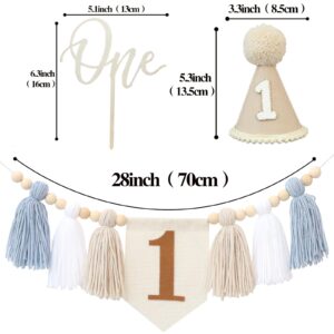 1st Birthday Highchair Banner Decorations For First Boys Khaki Cone Hat With One Cake Topper Photo Backdrop